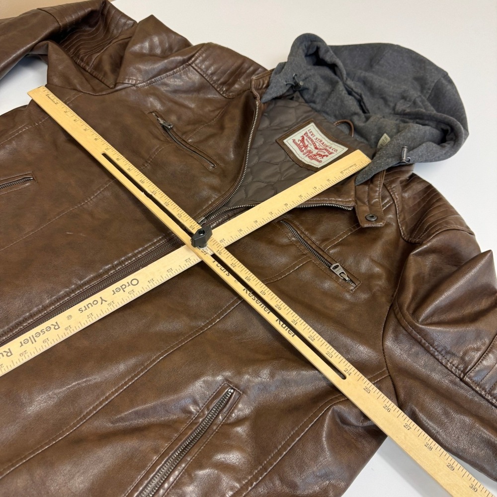 Levis Jacket Mens XXL Brown Faux Leather Hooded Moto Biker Rugged Racer - Picture 8 of 13
